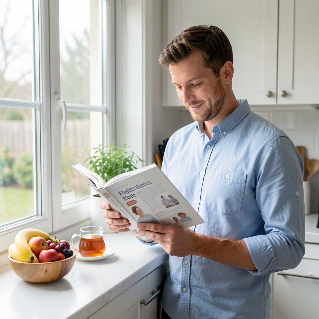 Man reading a health journal beside a bright kitchen window with fruit and tea — Brelvan editorial
