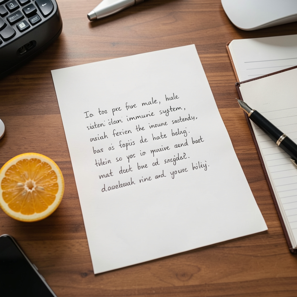 Editorial desk with handwritten notes about the male immune system, citrus fruit and a notebook — Brelvan editorial